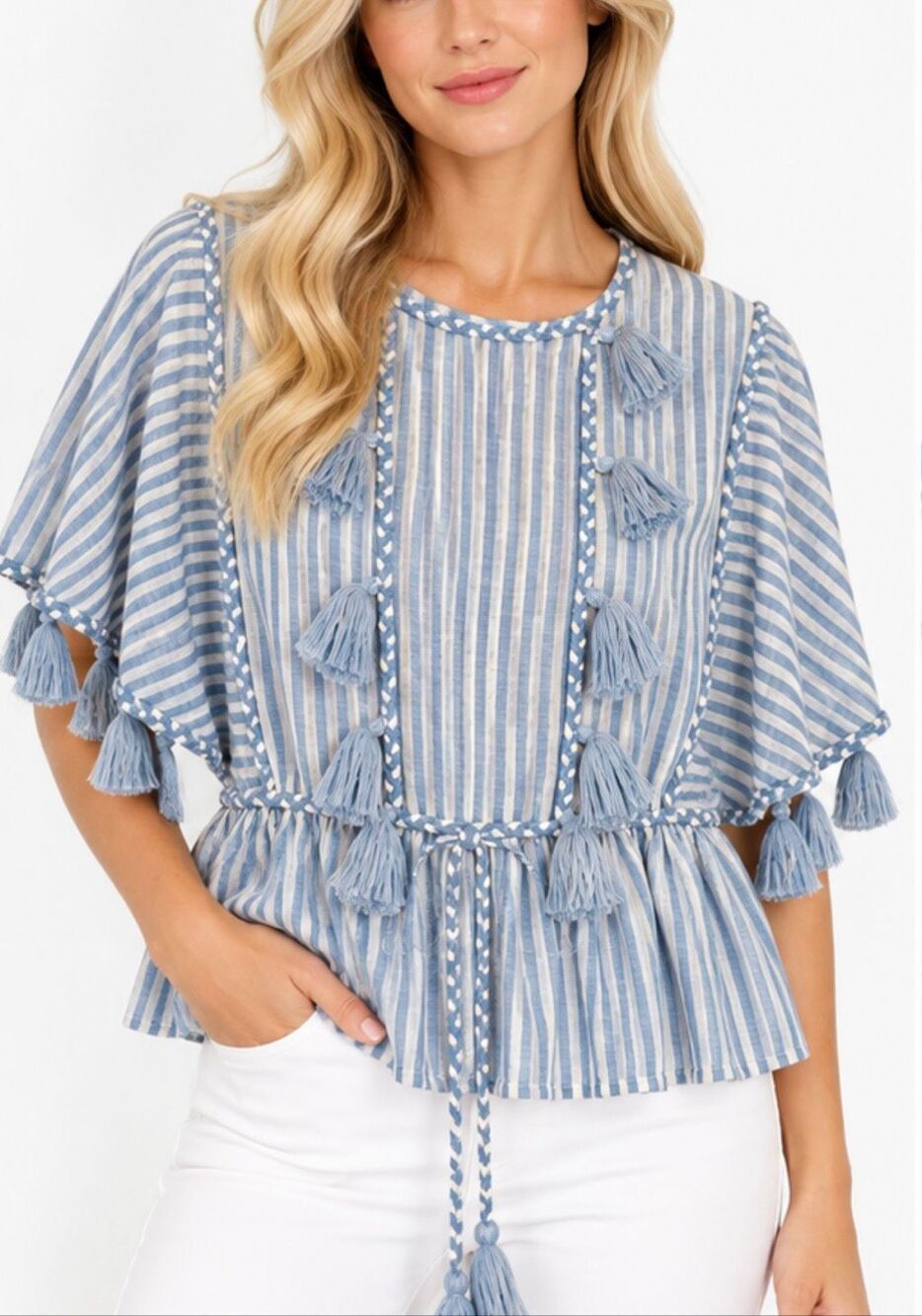 Misa Los Angelos blue striped tassel top small
